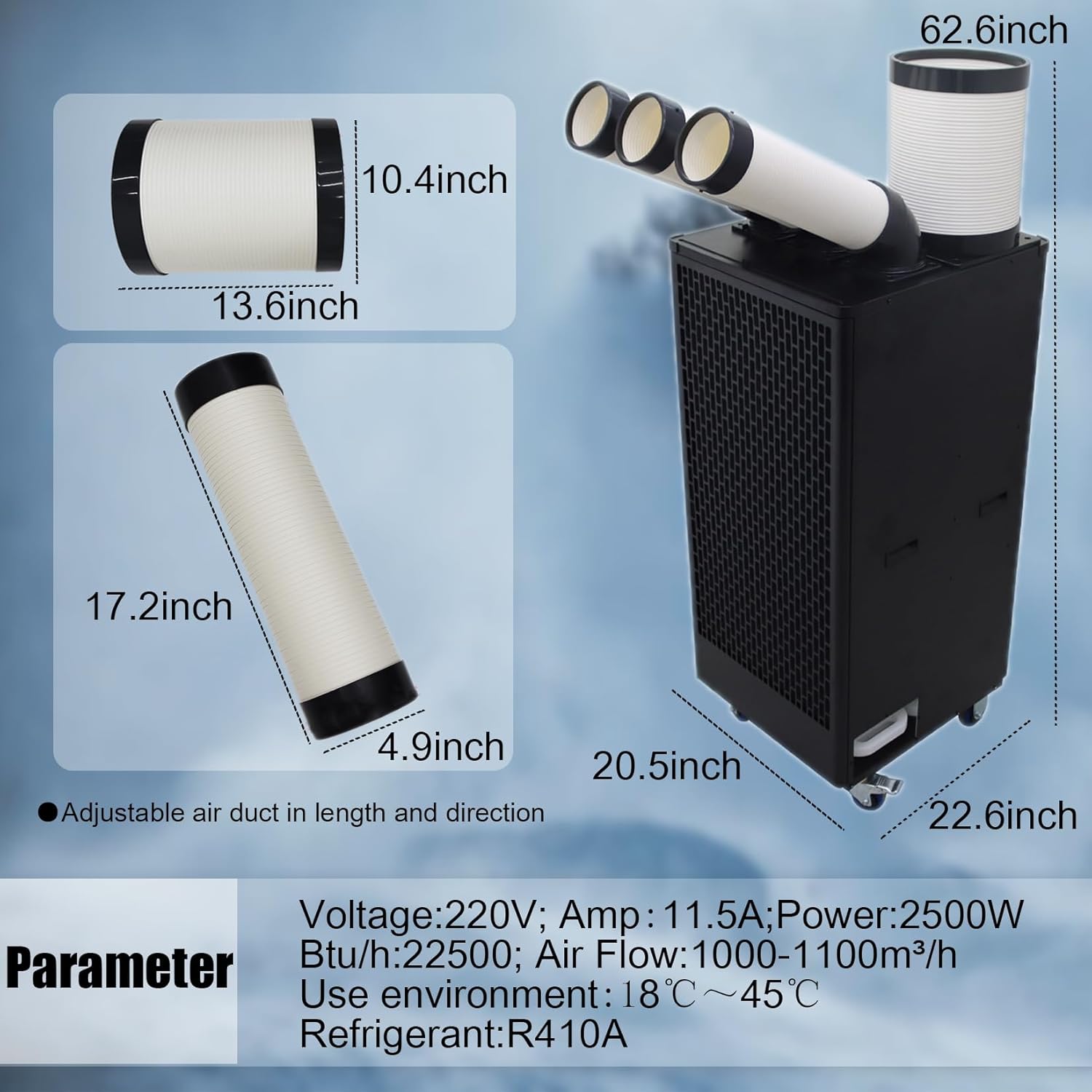 HayWHNKN Industrial Spot Cooler Commercial Air Conditioner 22500 Btu/h Mobile Outdoor Cooling Aircon 220V 2.5KW