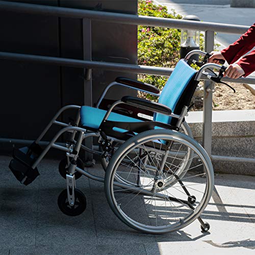 Lightweight Wheelchair 21lbs Self-propelled Chair with Travel Bag and Cushion, Portable 17.5” W Seat, Brake, Anti-Tipper, Swing-Away Footrests, 220lbs Weight Capacity, Blue (Pack of 1)