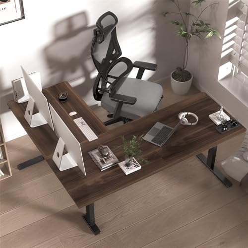 L-Shaped Electric Standing Desk, 63x55 Inch, Walnut, Adjustable Height, Wheeled, Ergonomic, Modern Design, Corner Desk for Home Office