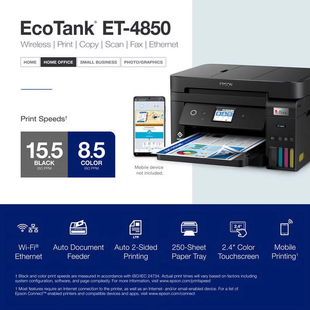 Epson EcoTank ET-4850 Wireless All-in-One Cartridge-Free Supertank Printer with Scanner, Copier, Fax, ADF and Ethernet ? The Perfect Printer for Your Office
