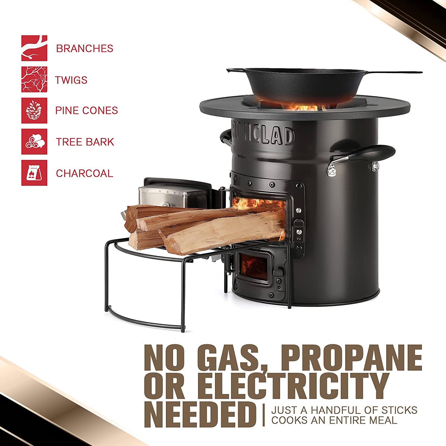 Rocket Stove – Camping Wood Stove for Emergency Preparedness, Survival, Off Grid Living Supplies – Portable Wood Burning Stove with Canvas Storage Bag and Fuel Support System