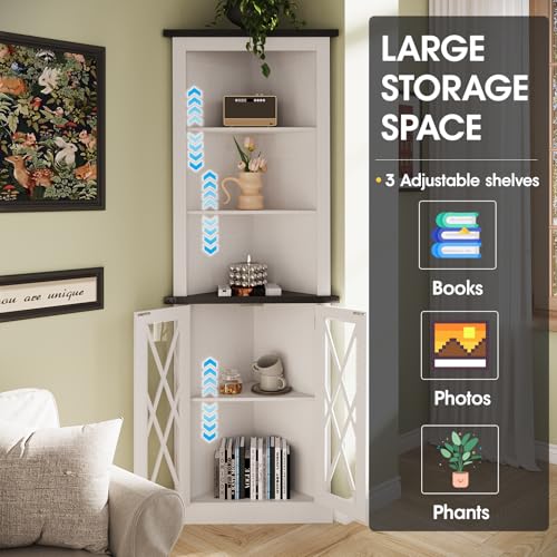 Maupvit 66.8" Tall Corner Cabinet with 2 Glass Doors, Modren Storage Cabinet with Adjustable Shelves, Freestanding Corner Display Cabinet for Living Room, Bathroom, Hallway, White