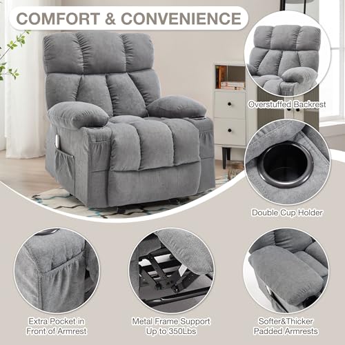 Massage Rocker Recliner Chair with Heat and Vibration Ergonomic Rocking Lounge Chair for Living Room Comfy Overstuffed Recliner with 4 Side Pockets,2 Cup Holders, USB Charge Port, Grey