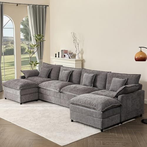108" U Shaped Couch, Modular Sectional Sofa, 3-Seater Comfy Cloud Couch with Movable Ottoman, Deep Seat Couches for Living Room, Chenille, Black