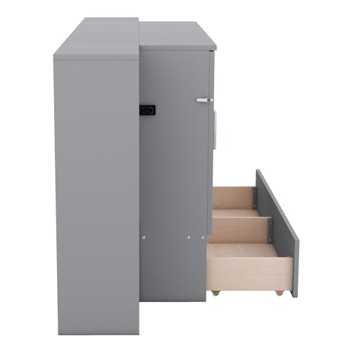 Modern Full Size Murphy Bed with Bookcase on Each Side, Solid Wood Mobile Murphy Chest Platform Bed with Drawers and USB Ports for Guest Room Home Office (White-F0)