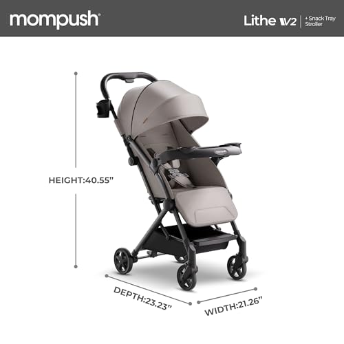 Mompush Lithe V2 Lightweight Stroller + Snack Tray, Ultra-Compact Fold & Airplane Ready Travel Stroller, Near Flat Recline Seat, Cup Holder, Raincover & Travelbag Included