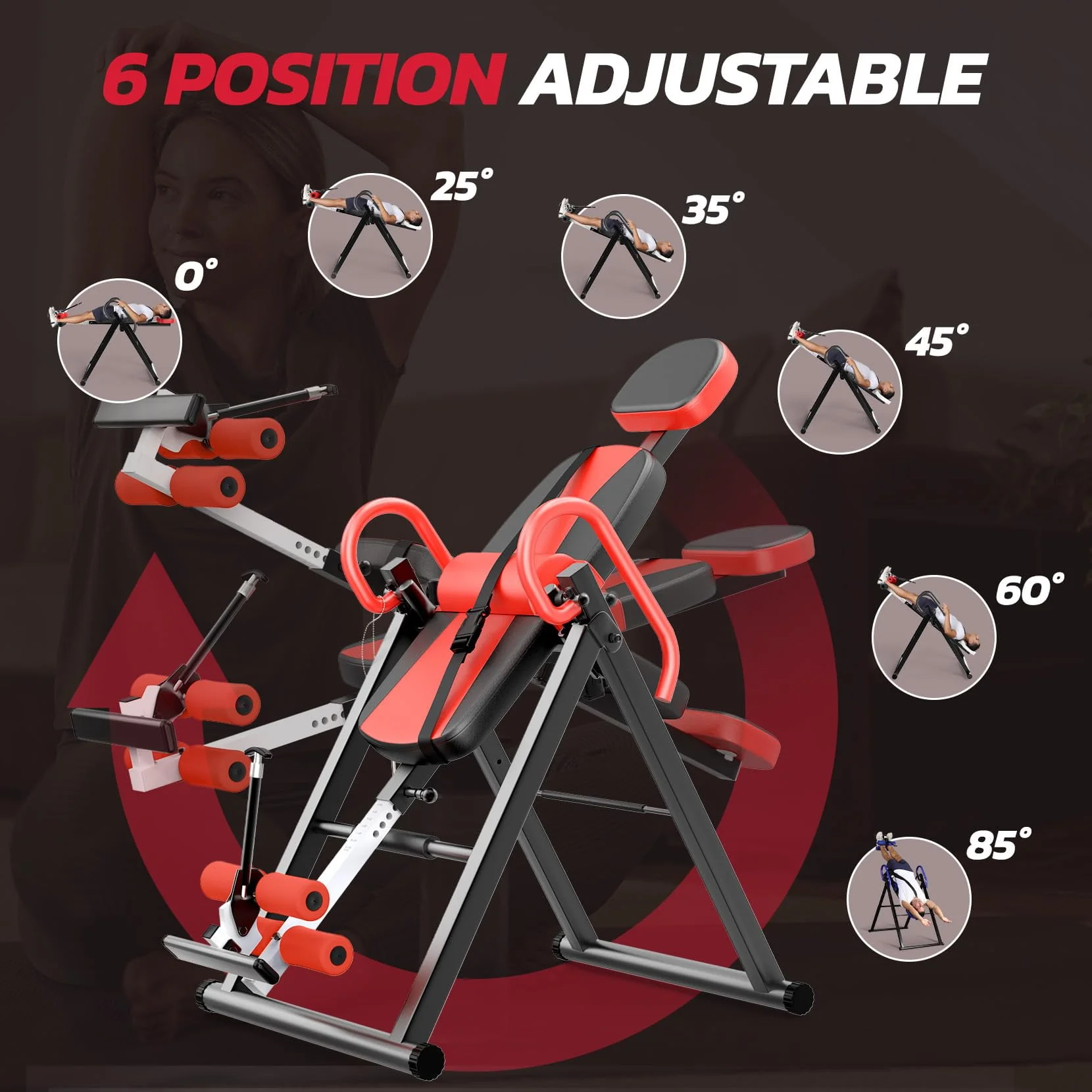 Heavy Duty Inversion Table,300 Lbs Capacity with Adjustable Protective Belt,0°-85°Foldable Save 70% Space Inversion Table for Back Pain Relief,Red