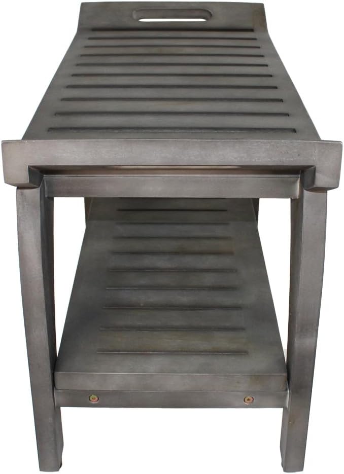 Coastal Vogue Tranquility 30" Teak Wood Shower Bench with Shelf and LiftAide Arms in Gray Finish