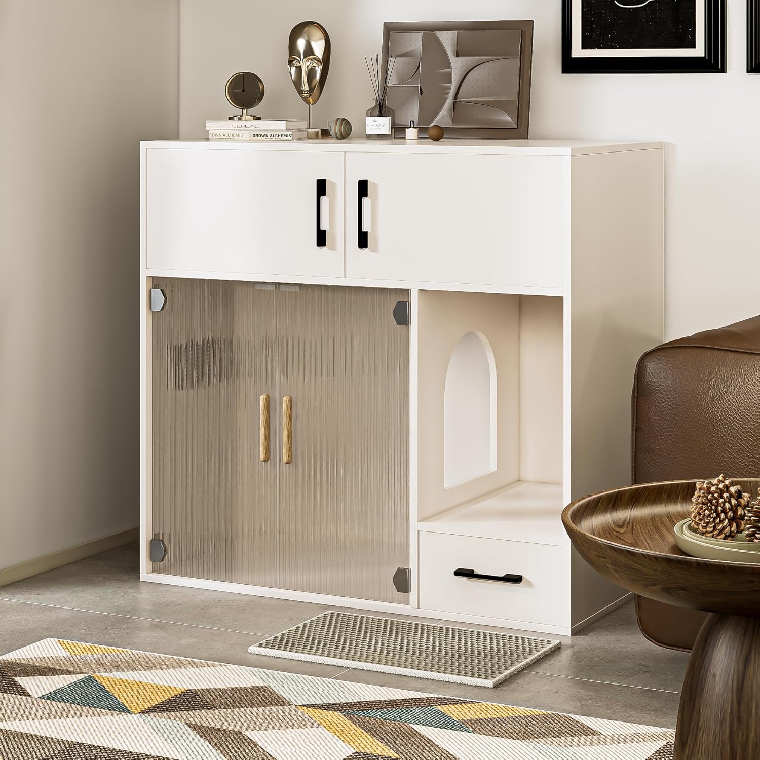 Cat Litter Box Enclosure Furniture Style White Cat Cabinet Side Table with Storage Space for Living Room, 37.4'' x 19.7'' x 35.4''