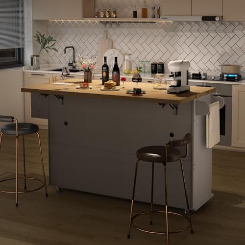 60" Kitchen Island with Power Outlet & Drop Leaf, Kitchen Rolling Island with Spice Rack & Towel Rack, Knife Holder, Kitchen Island Cart with Trash Storage Cabinet, Mobile Island Table for Kitchen