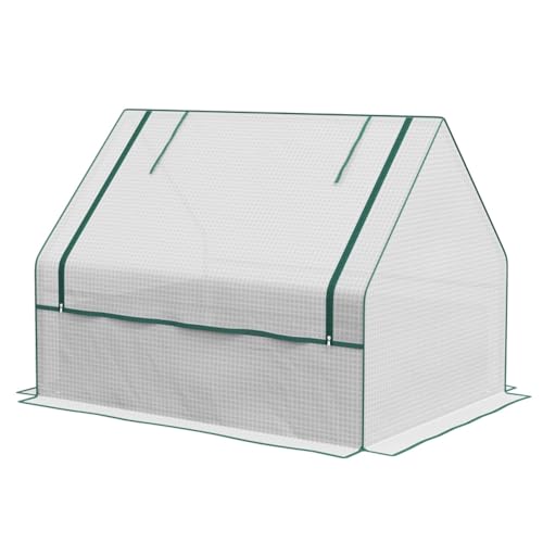 Mini Greenhouse - Garden Bed with Greenhouse Cover - Indoor Outdoor Pop Up Greenhouse with High Strength PE Cover and Roll-up Window - House Plant Protecting Plant from Sun, Rain, and Birds - White