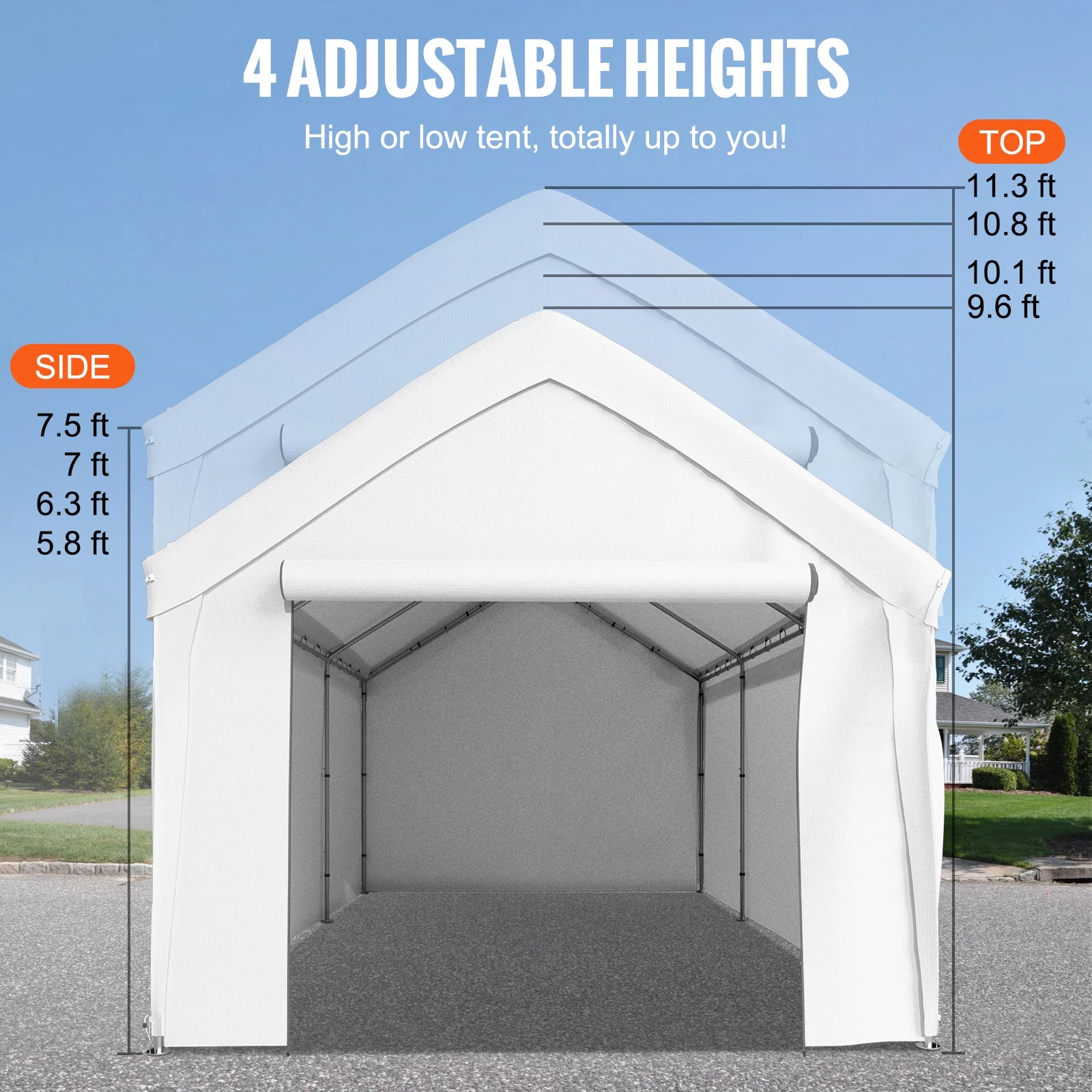 VEVOR Carport Car Canopy 13 x 20 ft, Heavy Duty Garage Shelter with 8 Legs and Removable Sidewalls, Car Garage Tent for Party, Birthday, Boat, Adjustable Peak Height from 9.6 ft to 11.3 ft, White