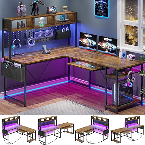 SEDETA L Shaped Gaming Desk, Reversible Computer Desk with Power Outlet and Pegboard, Gaming Desk with Led Lights, Keyboard Tray and Storage Bag for Home Office, Black