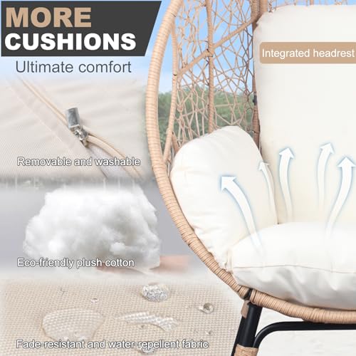 2 Pieces Patio PE Wicker Egg Chairs with Natural Color Rattan Beige Cushion