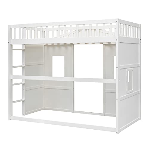 Full House Loft Bed Frame for Kids, Wood Full Loft Bed with Windows and Guardrail, Playhouse Bed, Full Size Loft Bed for Boys & Girls, No Box Spring Needed, Underbed Height is 51 Inches, White