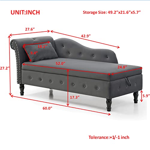 Chaise Lounge Indoor,Velvet Lounge Chair for Bedroom with Storage & Pillow,Modern Upholstered Rolled Arm Chase Lounge for Sleeping with Nailhead Trim for Living Room Bedroom Office(Orange)