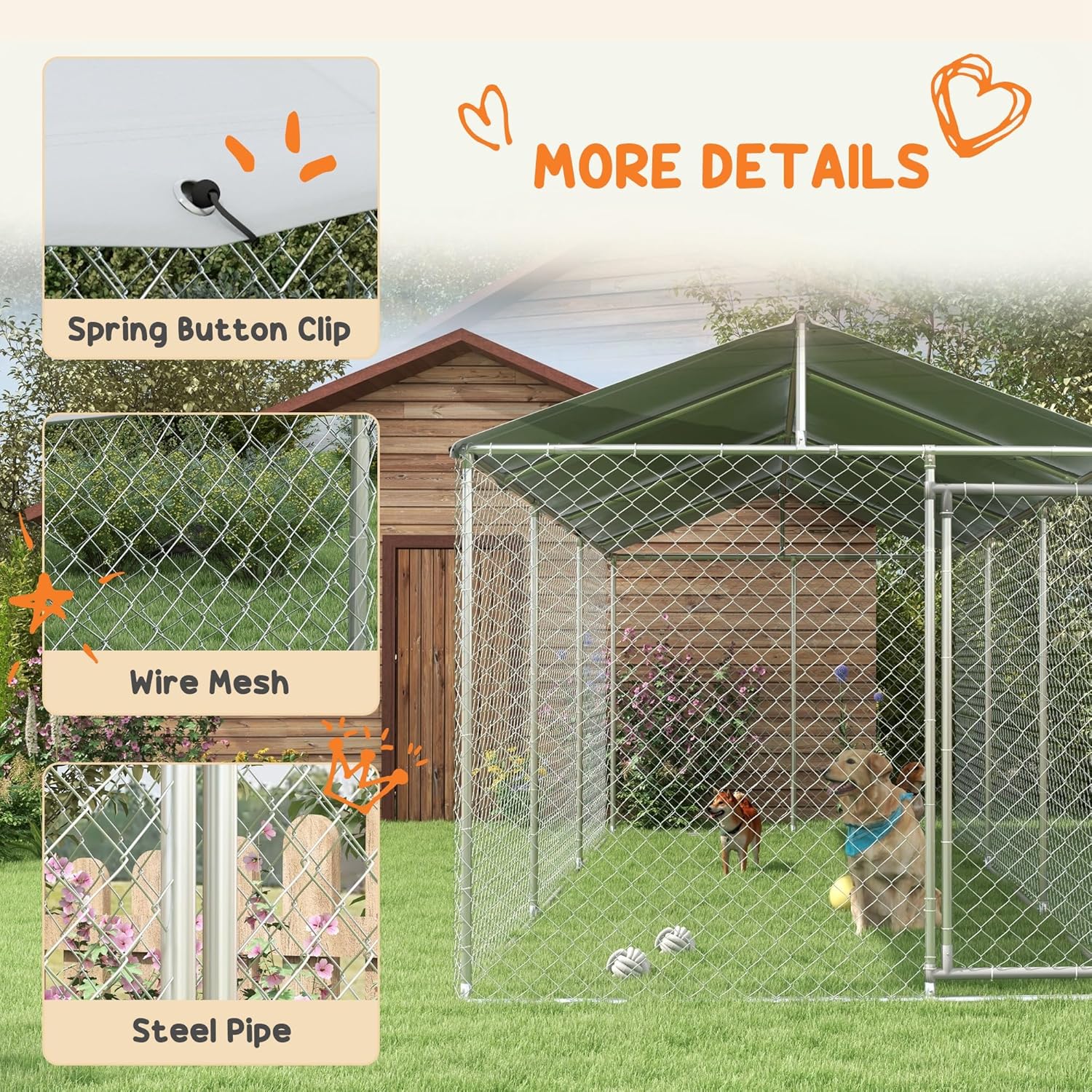PawHut Large Dog Kennel Outside, Heavy Duty Dog Cage with Waterproof Cover, Outdoor Fence Dog Run with Galvanized Chain Link, Secure Lock, 19.7' x 7.5' x 7.5'