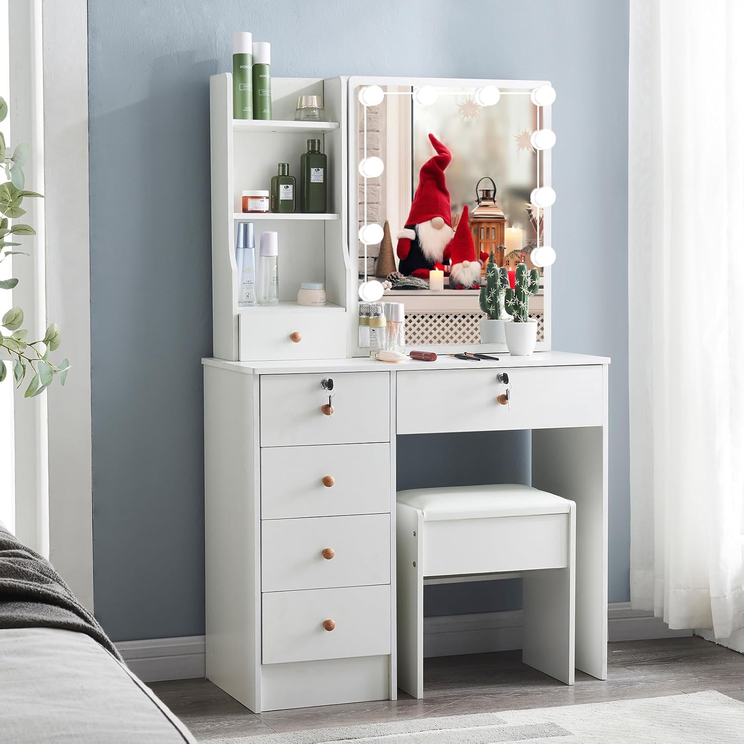 Vanity Desk with Lights,Makeup Vanity with Drawers, Vanity Set 3 Lighting Modes Brightness Adjustable, Dressing Table with Cushioned Stool for Bedroom (Modern LU05), 80*40*130CM, White