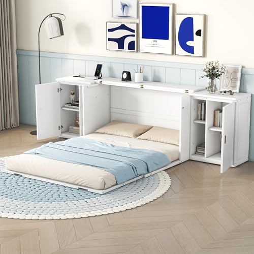 Queen Size Mobile Murphy Cabinets Bed with USB Ports, Traditional Solid Wood Murphy Bed Floor Storage Bed for Guest Room Home Office, No Box Spring Required (White-M5)