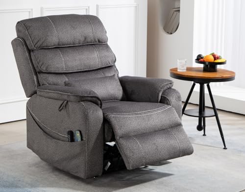 Light Grey Recliner Chair for Elderly | Tall and Big Man 400lbs | Chenille | Power Lift, Lay Flat, Stand Up, Wireless Charging Device, Extended Footrest, Massage Heat, Cup Holder, Lumbar Pillow