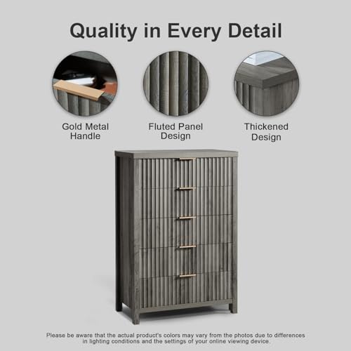 5 Drawers Dresser, 44 Inches Tall Modern Dresser for Bedroom, Curved Profile Design Chest of Drawers, Wood Drawer Organizer for Living Room, Hallway, Entryway (Grey Oak, 2 Pieces)