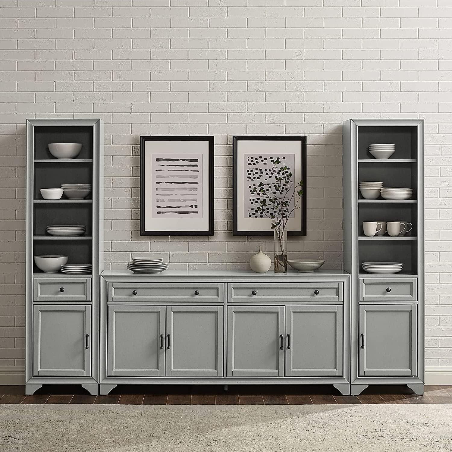 Victorian Vintage 3 Piece Sideboard and Bookcase Set Distressed Gray - Sideboard & 2 Bookcases, Adjustable, Removable, Floor Mountable
