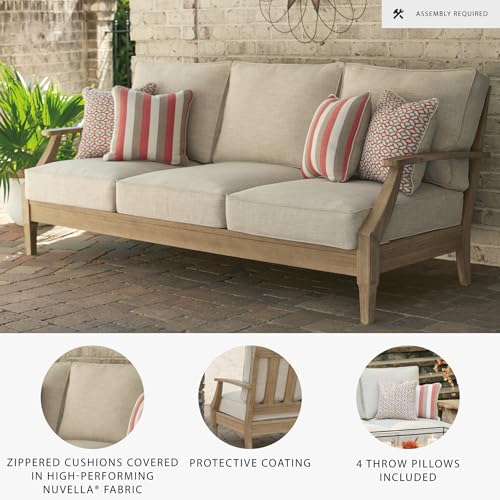 Signature Design by Ashley Carter Hall Outdoor Eucalyptus Patio Sofa with Cushion, Beige