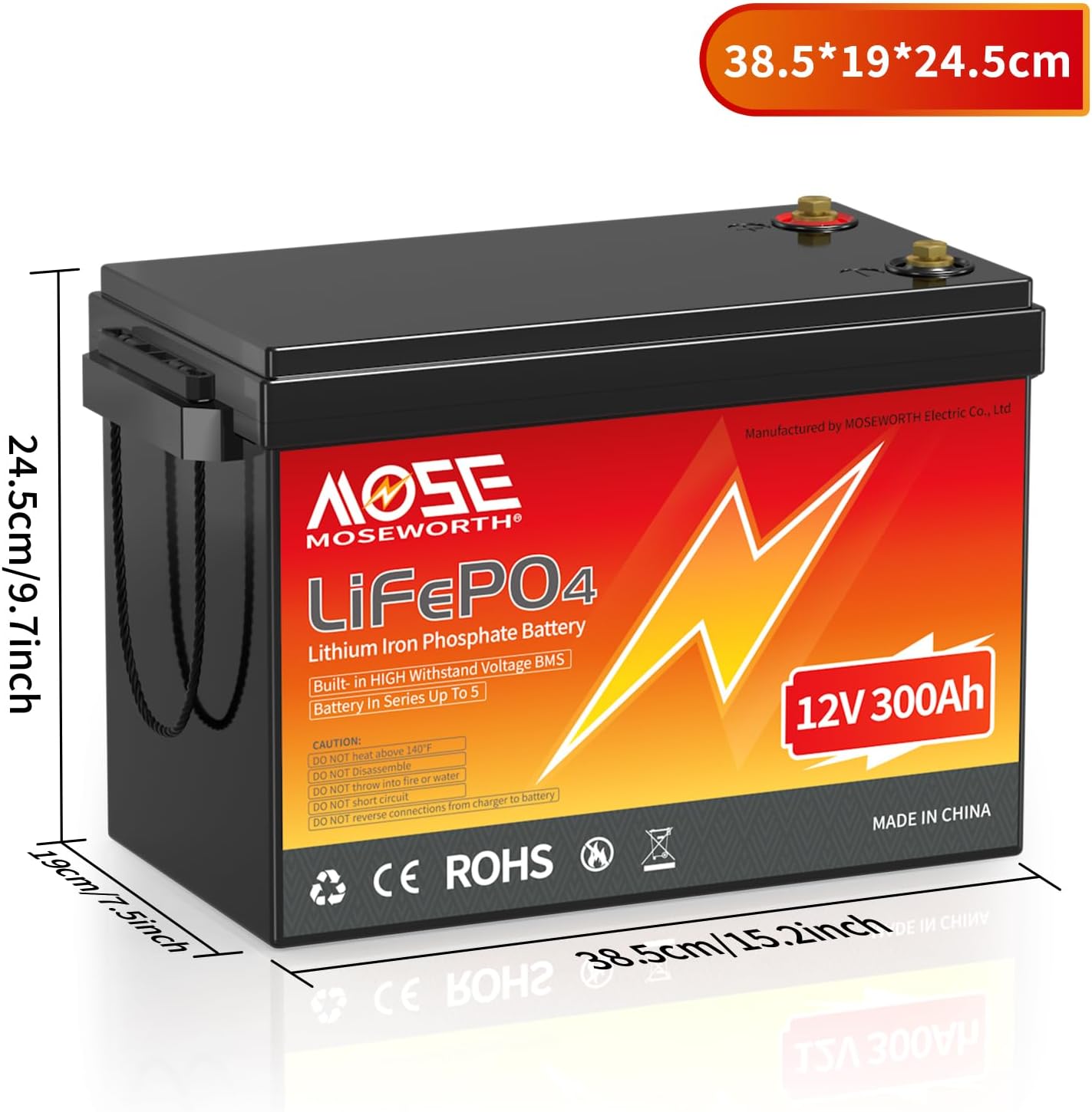 300Ah Lifepo4 Battery,12V Lithium Battery 3840Wh, 200A BMS Lightweight Small for RV, Solar System, Marine, Off-Grid Appliances