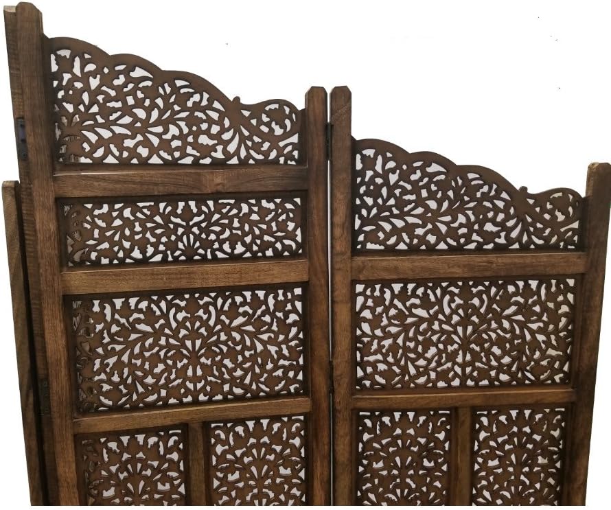 Benjara BM01875 Hand Carved Foldable 4-Panel Wooden Partition Screen/Room Divider, Brown