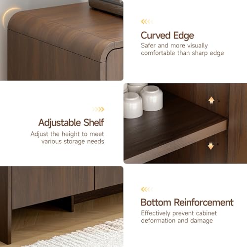 60" Sideboard Buffet Cabinet with Storage, Curved Design Farmhouse Coffee Bar Cabinet with 4 Doors & Adjustable Shelves for Living Room, Kitchen, Hallway, Walnut