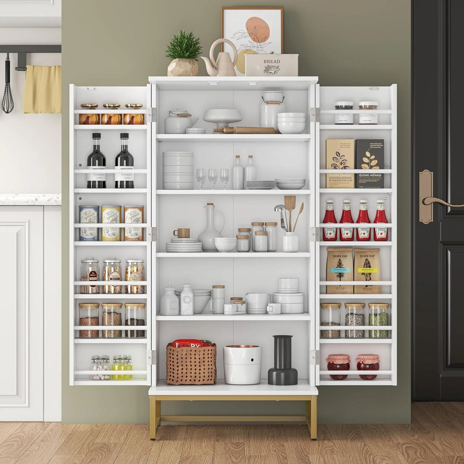 51” Pantry Cabinets, White Freestanding Kitchen Pantry Storage Cabinet with Adjustable Shelves, Buffet Cupboards Storage Cabinet for Home Office Use, White + Gold