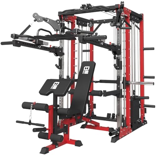 FAGUS Commercial Smithe Machine with 308lb Dual Weight Stacks, 4000LBS Power Cage Squat Rack with Lever Arm & Leg Press, Multi-Function Linear Bearing Cable Crossover Machine for Home Gym