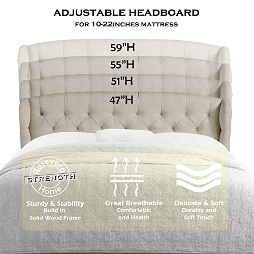 Rosevera Clancy Adjustable Heigh Headboard with Linen Upholstery and Button Tufting for Bedroom, Queen (U.S. Standard), Beige