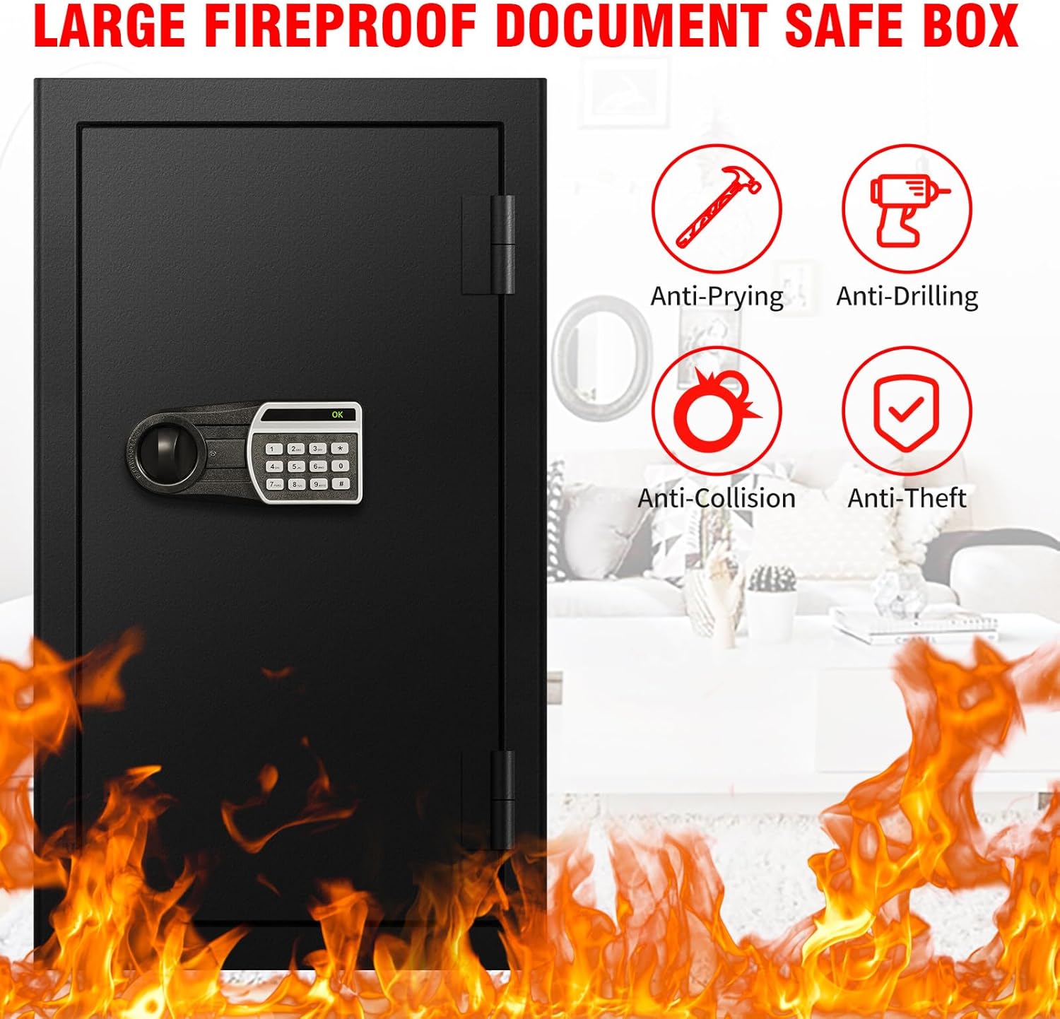 5.8 Cub Extra Large Fireproof Document Safe Box with Drawer for Home Office, Fire proof Safe with Anti-theft Smart Alert Digital Keypad and Key Lock Removable Shelf, Sensor Light
