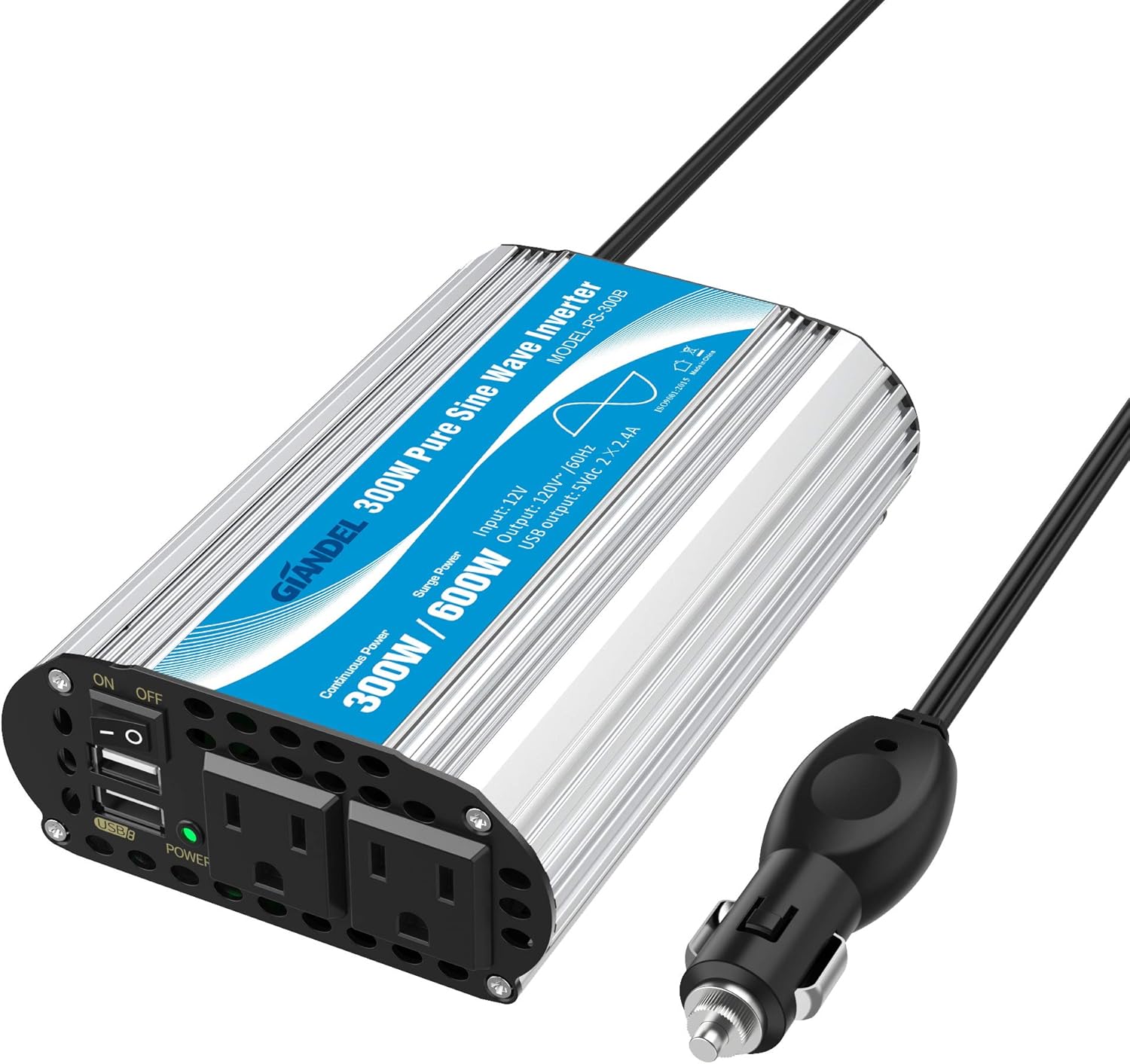 GIANDEL Power Inverter Pure Sine Wave 600Watt 12V DC to 110V 120V with Remote Control Dual AC Outlets and USB Port for RV Car Solar System Emergency