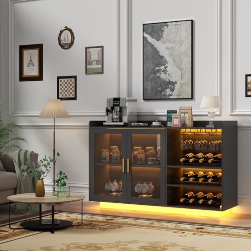 Loomie Wine Bar Cabinet with LED Lights, Floating Coffee Bar with Glass Rack and Removable Wine Racks, Modern Buffet Sideboard with Storage Shelves, Kithchen Bar with Glass Cabinet Doors, Black