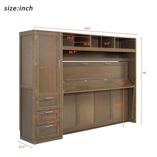 Modern Full Size Murphy Bed with Wardrobe,Storage Drawers and Open Shelves,Solid Wood Wall Bed Frame for Bedroom Guest Room Home Office Study,Easy Assembly (Antique Grey, Full)