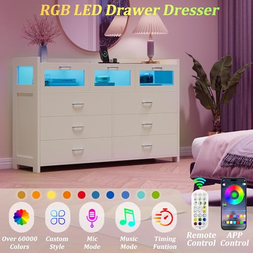 Black Dresser for Bedroom with 9 Drawers, Chests of Drawers with LED Lights and Charging Station, Modern Dresser with 3 Visual Drawers, Wood Wide LED Dresser for Bedroom, Closet, Entryway