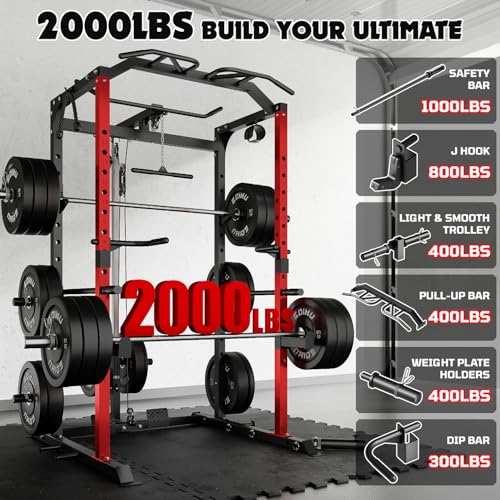 C1-V4 Power Cage, 2000LBS Squat Rack with LAT Pulldown, Multi-Function Weight Cage Strength Training Machine, Workout Cage with More Attachments for Home Gym Garage