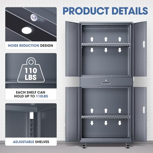 DNA MOTORING 71'' Metal Storage Cabinet, Locking Tool Cabinet with 1 Drawer and Adjustable Shelves, Lockable Heavy Duty Metal Locker for Garage,Office,Home,Gym, Gray, TOOLS-00629-GY-GY-A