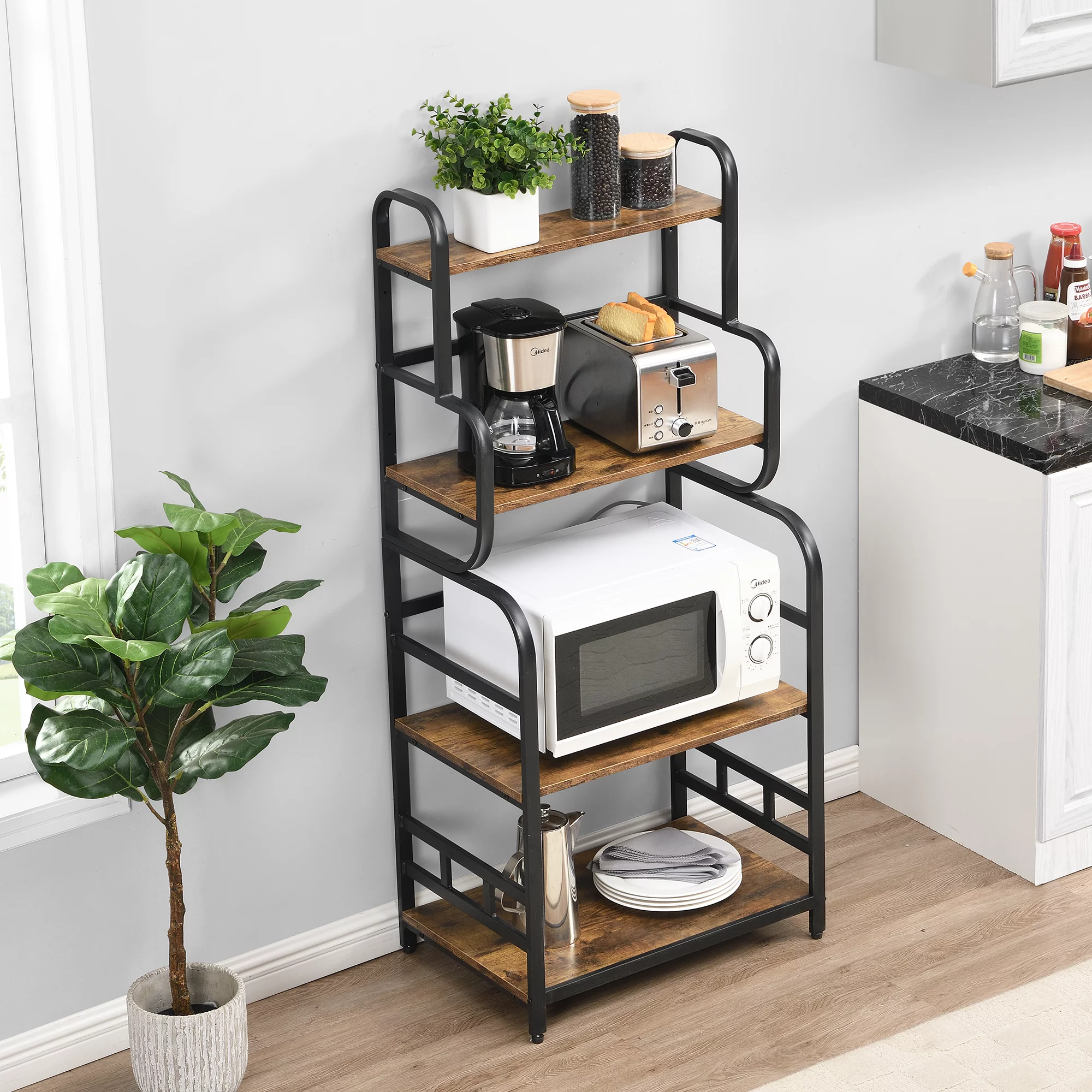 O&K Furniture 4-Tier Kitchen Bakers Rack, 54’’ Microwave Oven Stand with Storage Shelves, Black