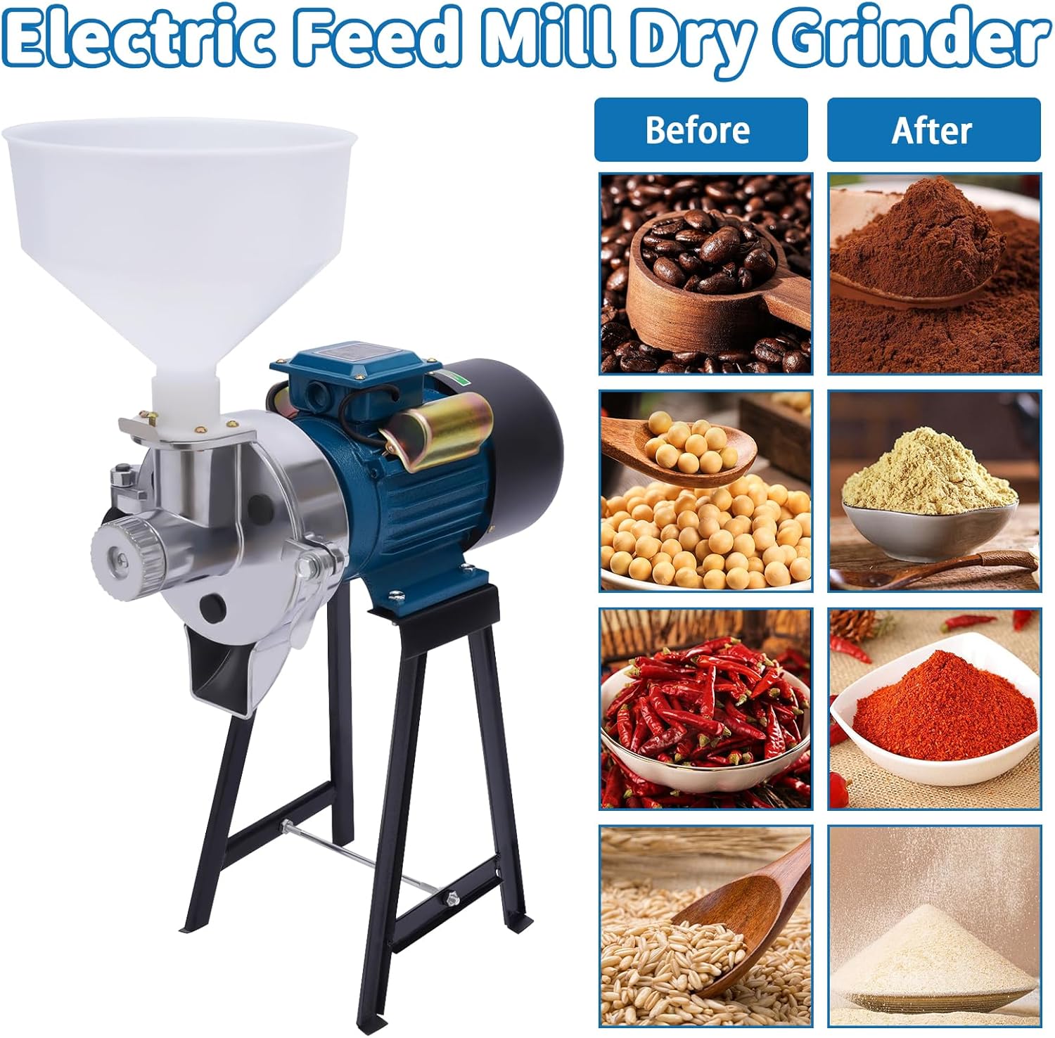 Electric Grain Mill Grinder, 2200W Wet&Dry Cereals Grinder, Commercial Grain Grinder Corn Mill, Heavy Duty Grain Grinder Machine 110V, Wheat Feed Mill Flour Mill with Funnel