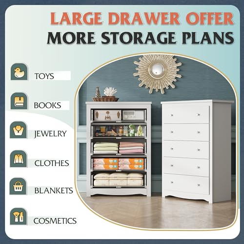 WLIVE Wood Dresser with 5 Drawers, Black Wooden Storage Cabinet, Organizer Drawers for Bedroom, Living Room, Hallway, Measuring 15.75" W * 31.50" D * 45.35" H ﻿