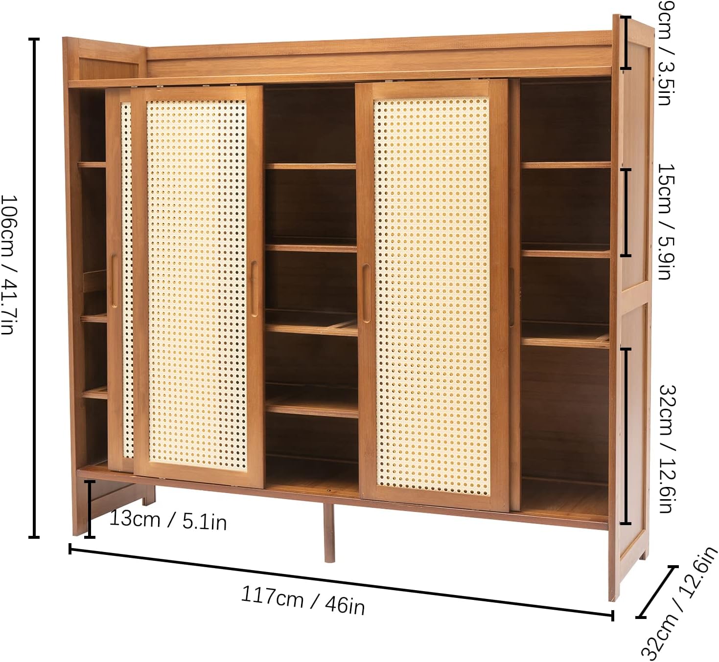 6 Tier Shoe Cabinet Storage with Grid Doors for Entryway Natural Bamboo Shoe Cabinet Shoe Rack Shoe Organizer Space Saving Shoe Storage Bench for Entryway and Hallway (Brown)