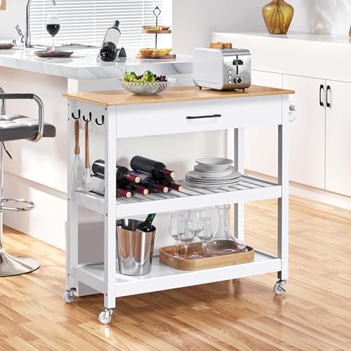 Yaheetech Kitchen Island Cart on Wheels with Bamboo Tabletop, 3-Tier Rolling Kitchen Island Microwave Cart with Drawer, Detachable Towel, 3 Hooks, 17" D x 37.5" W, White