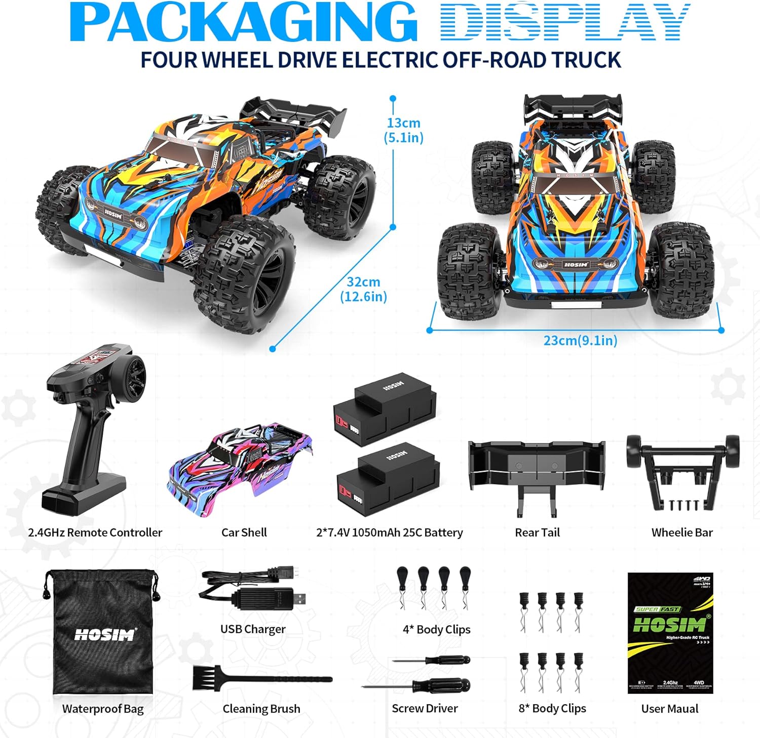 Hosim 1:16 RC Car 36+KMH, 1:16 Brushless RC Car 52+KMH High Speed 4X4 All Terrains Waterproof Off Road Hobby Grade Large Fast Racing Buggy Toy Gift Monster Trucks for Boys Kids