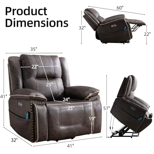 Phoenix Home Dual Motor Power Lift Chair for Elderly, Lift Chairs with Massage and Heat, Leather Electric Chairs for Adults, Recliner Chair with USB, 2 Concealed Cup Holders, Brown