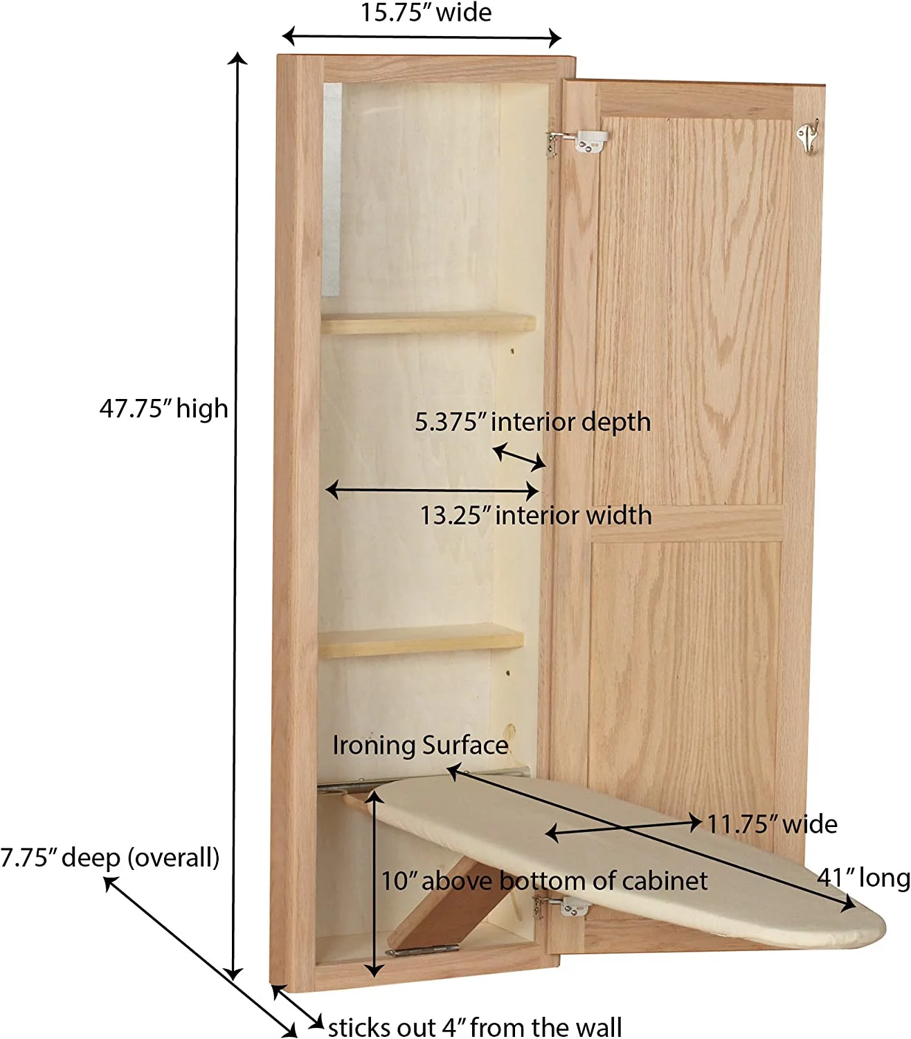 YINCHEN Ironing Board Cabinet, In-Wall Recessed Ironing Board Cabinet with Storage Shelves, Unfinished Wood, Oak