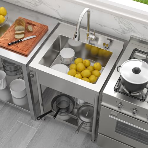 Lordear Stainless Steel Utility Sink 24 Inch - 24"x21" Freestanding Stainless Steel Kitchen Sink Single Bowl Commercial and Residential Use for Laundry Room Garage Outdoor and Kitchen
