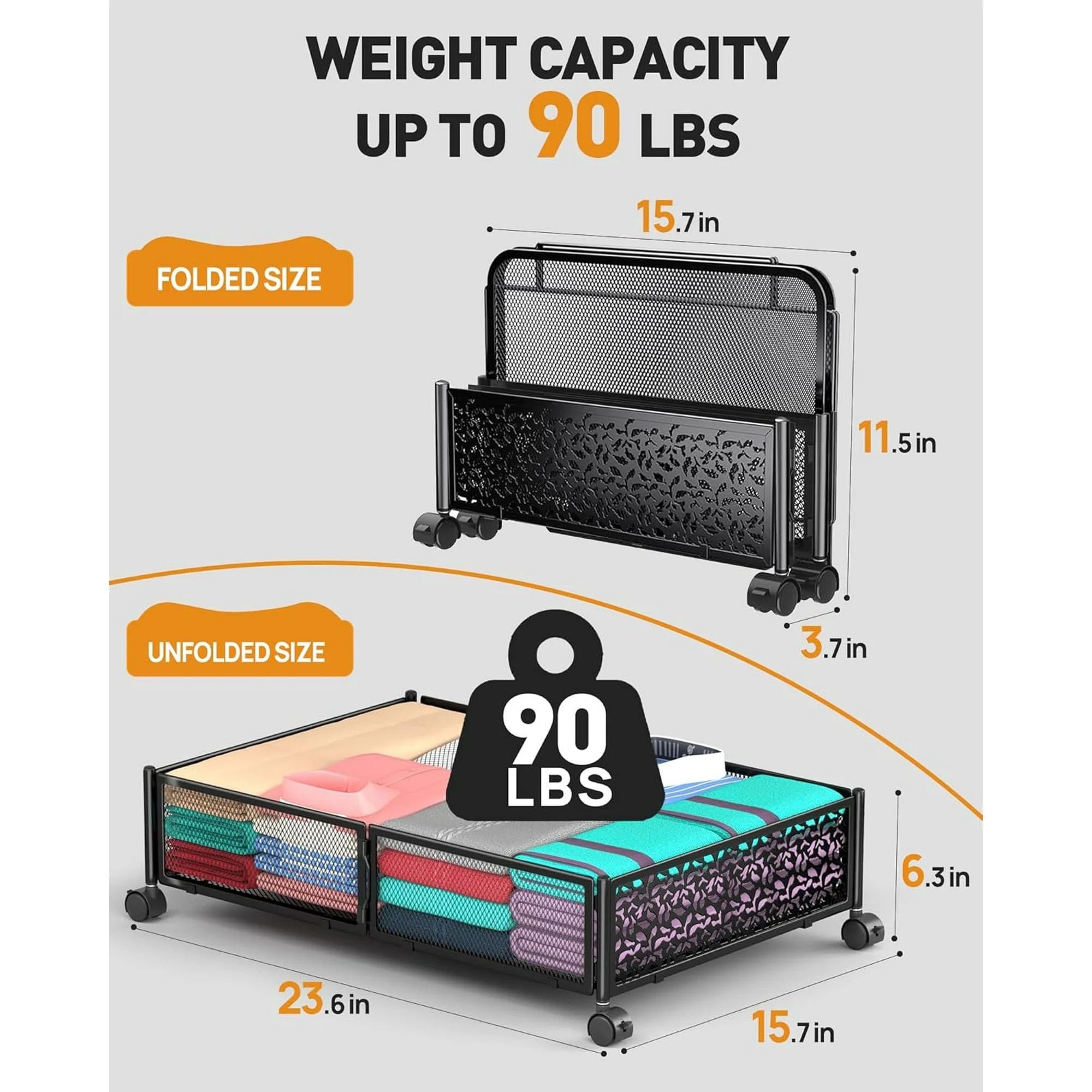 Under Bed Storage with Wheels, 2 Pack Foldable Metal Under Bed Storage Containers, 60L Rolling Underbed Storage, Easy Assembly Under The Bed Storage for Bedroom Clothes Shoes Blankets